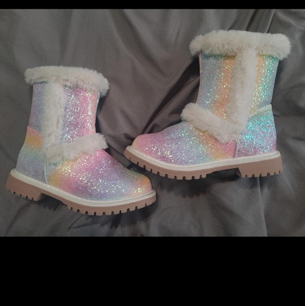 Rainbow Sparkle & White Fur Boots